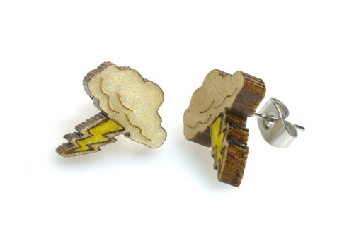 Cloud and Lightning Bolt wood inlay post earrings with yellow veneer lightning on surgical steel posts