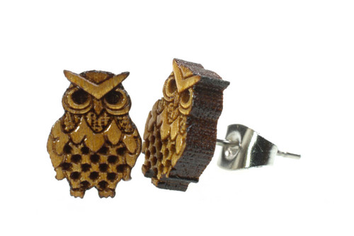 Tiny Owl Earrings made from solid Cherrywood on Surgical Steel Posts