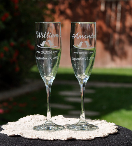 Love Birds on a Branch on Tall Fine Rimmed Champagne Flutes