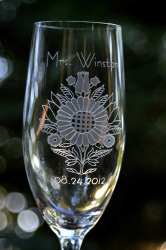 Sunflower art engraved on Champagne Flutes by Design Imagery Engraving