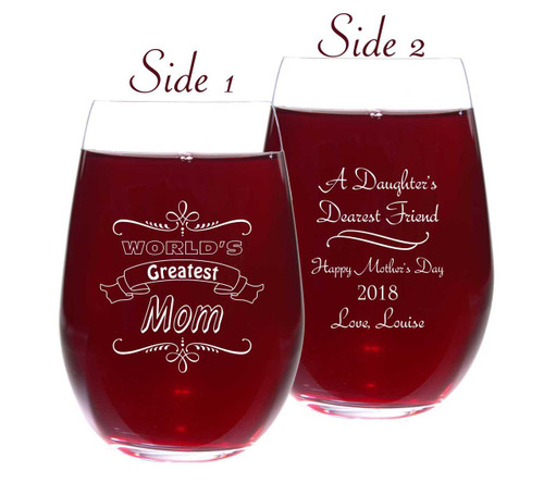 World's Greatest Mom Banner Art Wine Glass with 2nd Side Custom Message