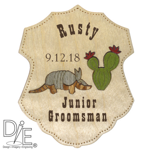 Curly Maple Wedding Badge, with hand inlaid Armadillo and Cactus