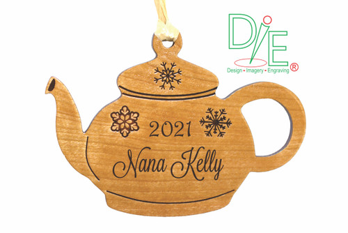 Teapot Ornament Solid Cherry Wood by Design Imagery Engraving
