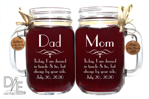 Dad and Mom of Groom Tuxedo and Tie Poem Mason Jars with Handcrafted Charms by Design Imagery Engraving