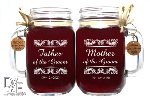 Father and Mother of Groom Flourish Mason Jar Set by Design Imagery Engraving