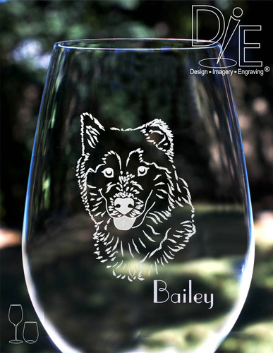 Artwork by Design Imagery Engraving offered in high resolution with complimentary personalization on both sides in a variety of stemmed and stemless sizes and styles for your  Siberian Husky Malamute or Samoyed Wine Glass