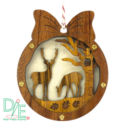 Wooden Deer in Forest Ornament with White Curly Maple Backdrop by Design Imagery Engraving