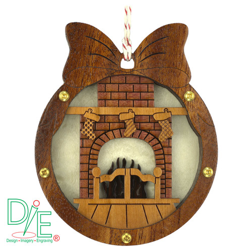 Wooden Cozy Hearth Fireplace Ornament with Red Cedar Chimney by Design Imagery Engraving