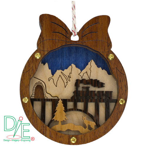 Christmas Ornament Train in Mountains handcrafted from fine woods by Design Imagery Engraving