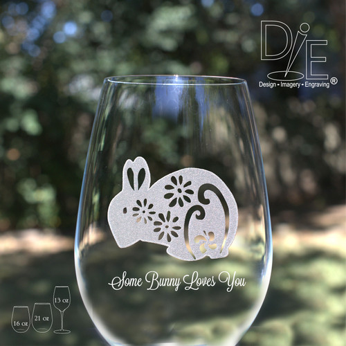 Bunny with Flowers Loves You Wine Glass by Design Imagery Engraving