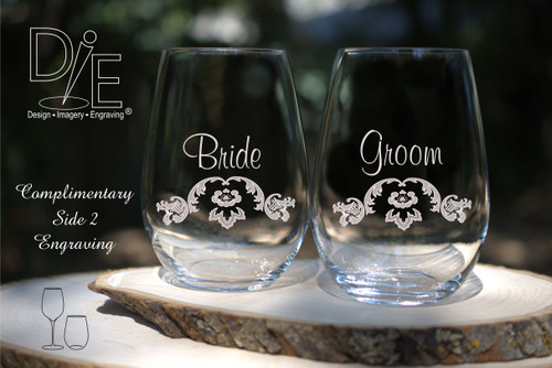 Bride Goom Damask wine Glass Set by Design Imagery Engraving