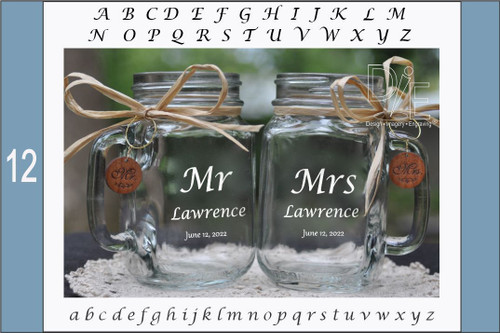 Mr and Mrs Mason Jars with choice of wood charms in a Stylish Wedding Font