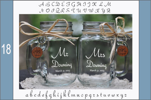 Mr and Mrs Mason Jars with choice of wood charms in an Lovely Wedding Script Font