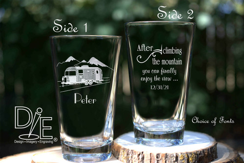 Retirement Beer Glass by Design Imagery Engraving 
Camping in Mountains with choice of wishes for side 2