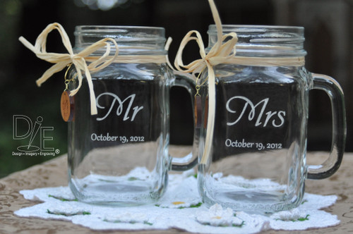 Mr and Mrs Engraved Wedding Mason Jars with Wooden Mr and Mrs Charms