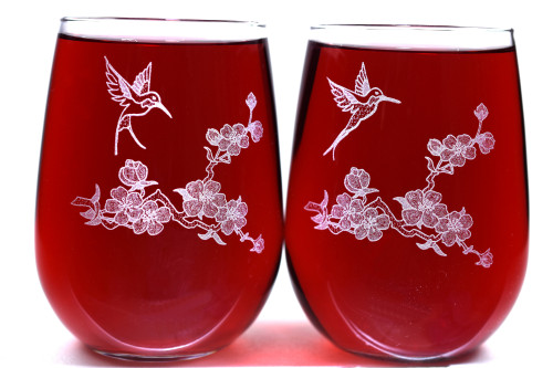 Hummingbird Wine Glass Stemless Wine Set by Design Imagery Engraving