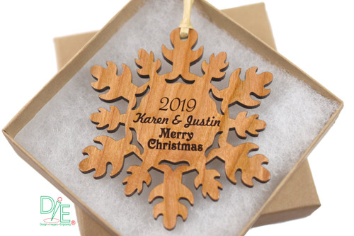 Boxed Wooden Snowflake Ornament Personalized and Dated, made from Solid Cherrywood, Hand Sanded then finished with clearcoat