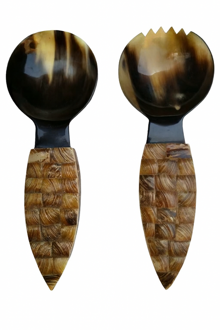 Horn & Bone Salad Servers with Wood Pattern