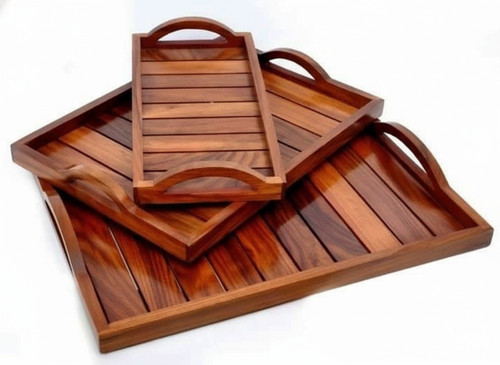 Set of 3 Wooden Serving Trays with Handles