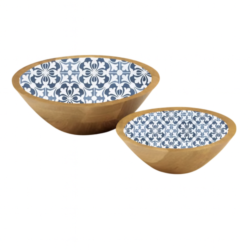 Wood Serving Bowls with Blue Tile Print Liner