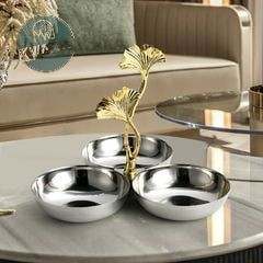 Elegant 3-Compartment Stainless Steel Decorative Tray in Ginkgo Leaf Design