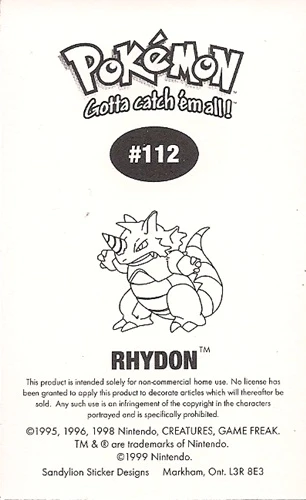 Pokemon Rhydon Sticker Pokemon Rhydon Sandylion Sticker Card