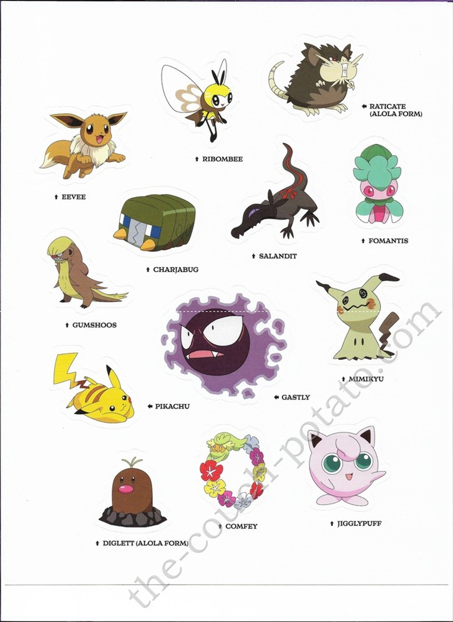 Pokemon Alola Stickers Charjabug Comfey Diglett Alola Eevee Fomantis Gastly  Gumshoos Jigglypuff Mimikyu Pikachu Raticate Alola Ribombee Salandit