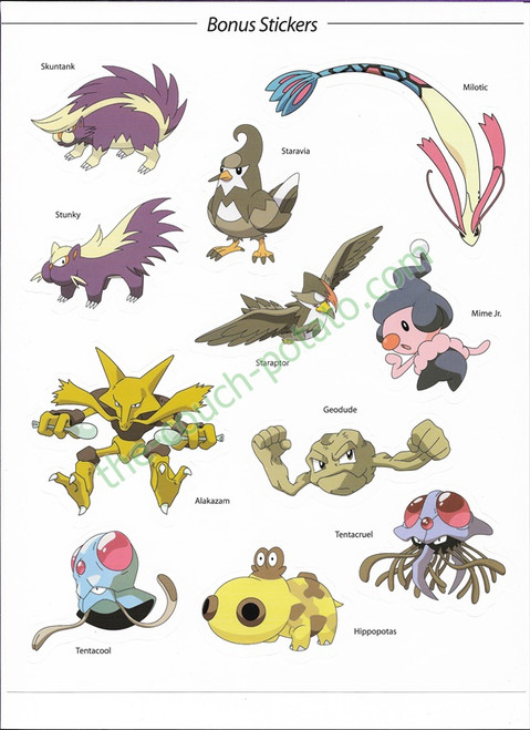 Pokemon DP Stickers Skuntank
Milotic
Staravia
Stunky
Staraptor
Mime Jr
Alakazam
Geodude
Tentacool
Hippopotas
Tentacruel