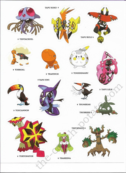 Pokemon Alola Stickers Tapu Bulu Tapu Fini Tapu Koko Tapu Lele Tentacruel  Togedemaru Torkoal Toucannon Trapinch Trevenant Trubbish Trumbeak Tsareena  Turtonator