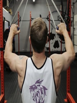 Man doing back exercise with intense resistance bands holding intense resistance bands handle grips  in gym 