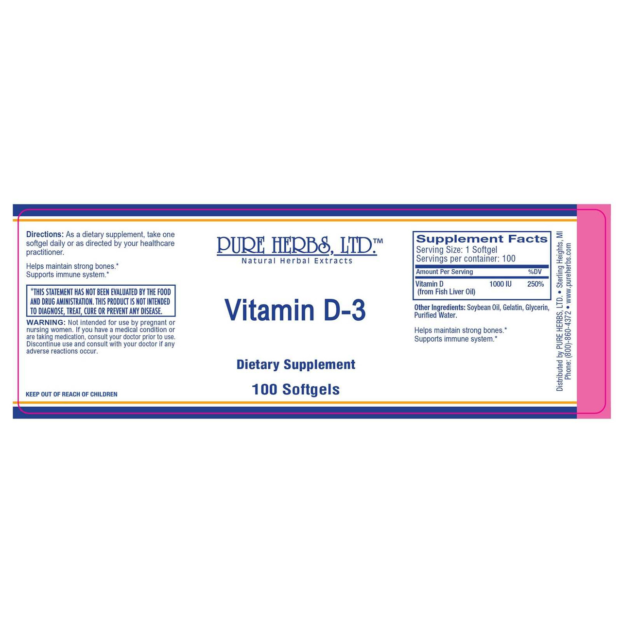 Pure Herbs, Ltd. Vitamin D-3 (100 Softgels)