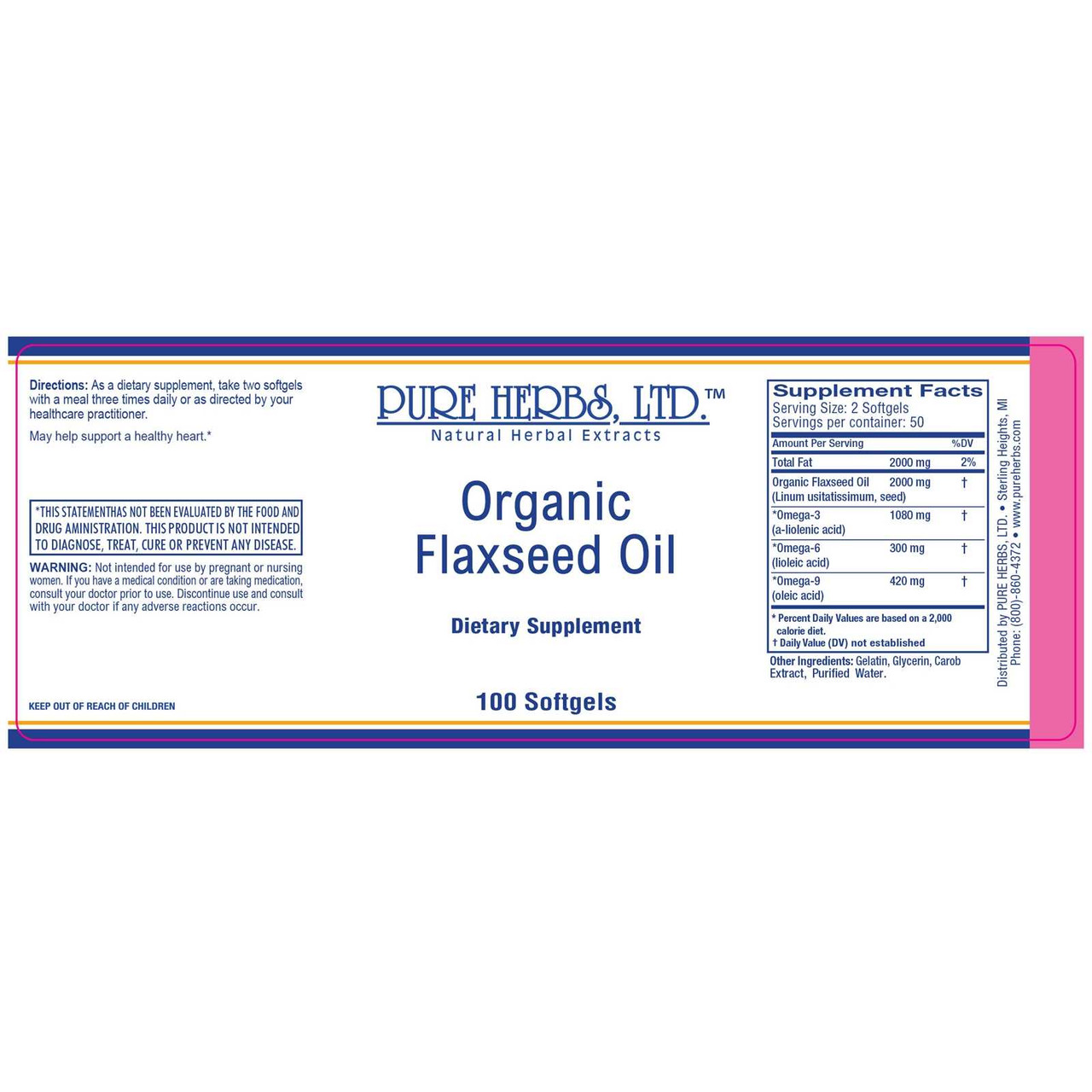 Pure Herbs, Ltd. Flaxseed Oil (Organic) 100 softgels