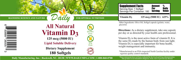 Daily Manufacturing Vitamin D3-5000 (180 softgels)