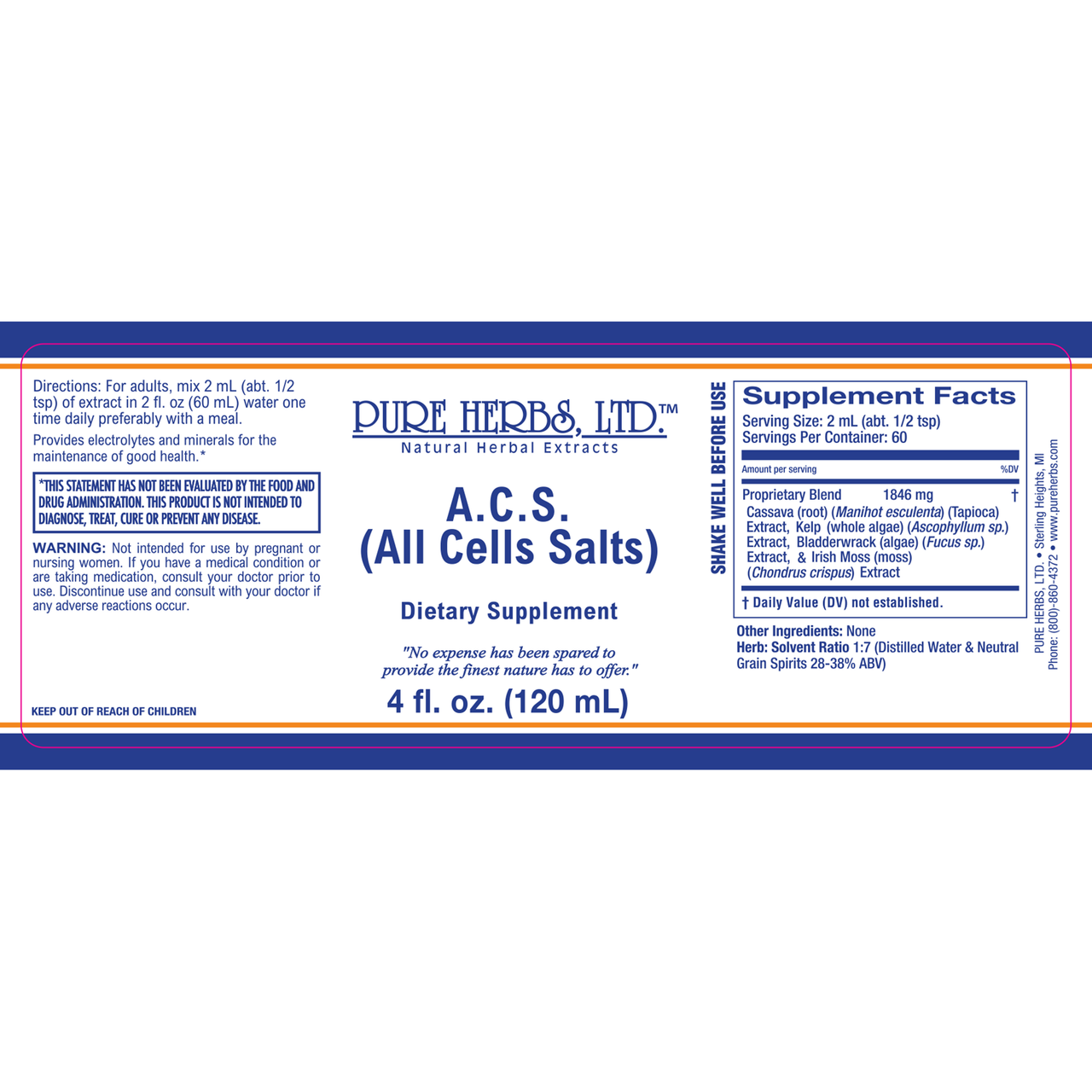 Pure Herbs, Ltd.  A.C.S. (All Cells Salts) Reformulated 4 oz.