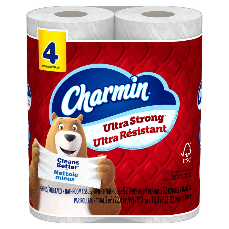 4 rolls of Charmin in plastic wrapping with the Charmin Bear on the front