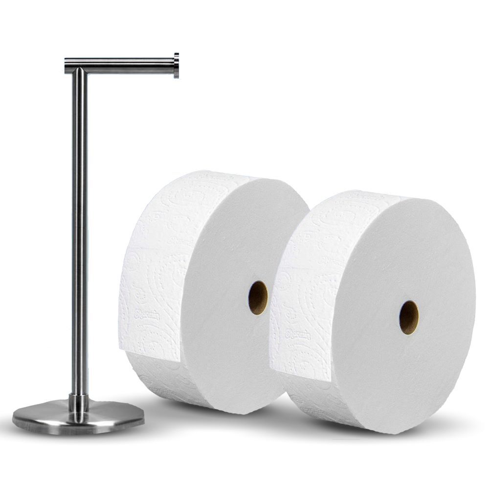 two Charmin Forever Rolls and a Stainless Steel holder