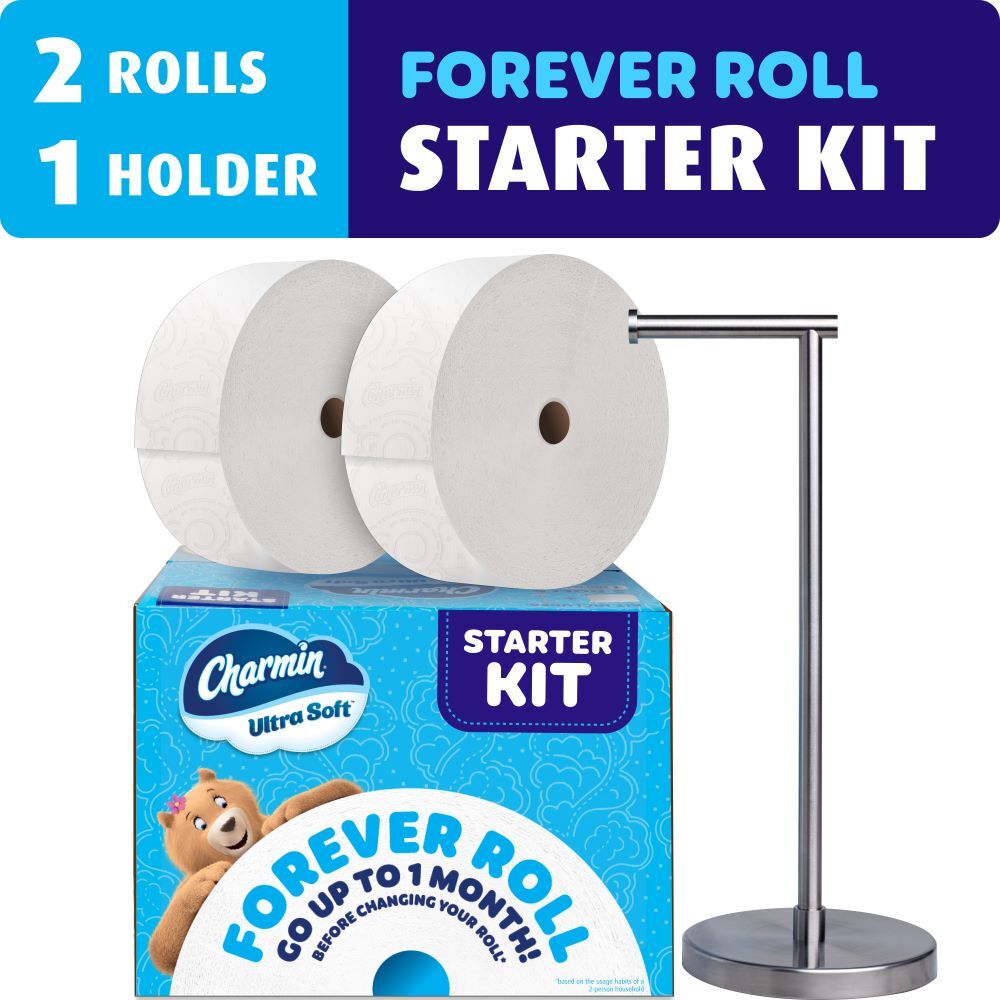 two Charmin Forever Rolls and a Stainless Steel holder