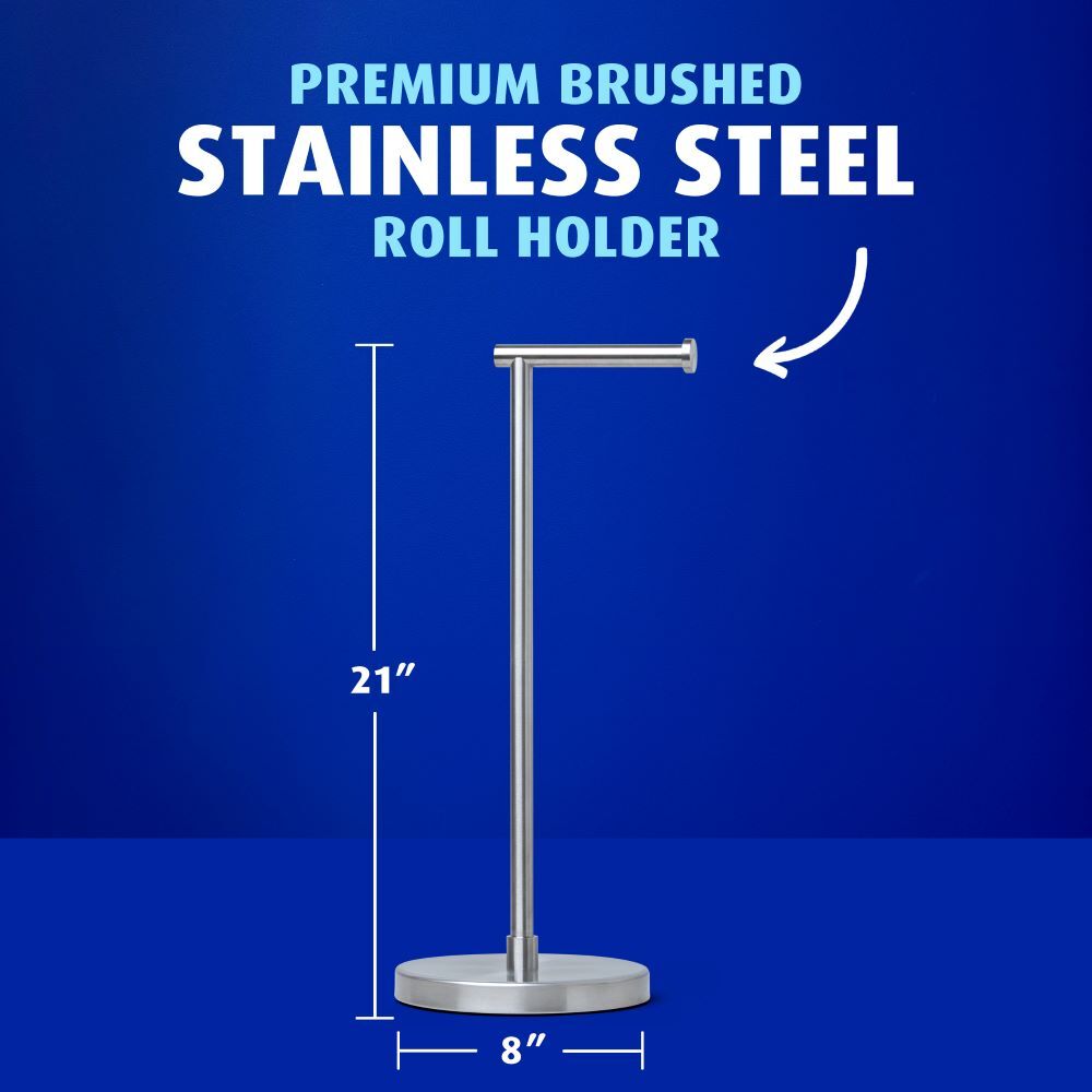 Comes with a stainless steel roll holder, 21 inches tall and 8 inches wide