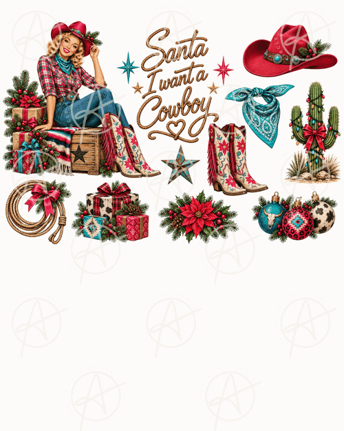 Santa I Want A Cowboy Retro Pin-Up Cowgirl Model Digital Download Files, Dark Traditional Country Esthetic, Pin Up Cowgirl Clip Art