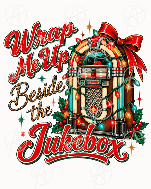 Wrap Me Up Beside the Jukebox Christmas PNG featuring a vintage jukebox, colorful lights, holly and Southern honky-tonk holiday charm.