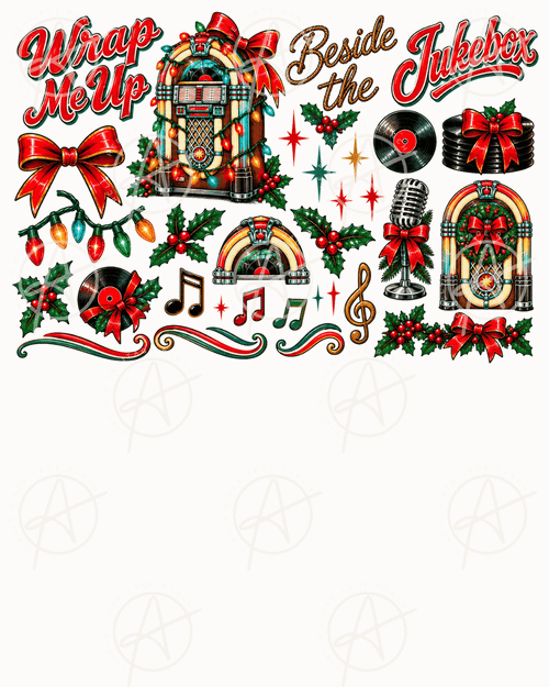 Wrap Me Up Beside the Jukebox Christmas PNG featuring a vintage jukebox, colorful lights, holly and Southern honky-tonk holiday charm.
