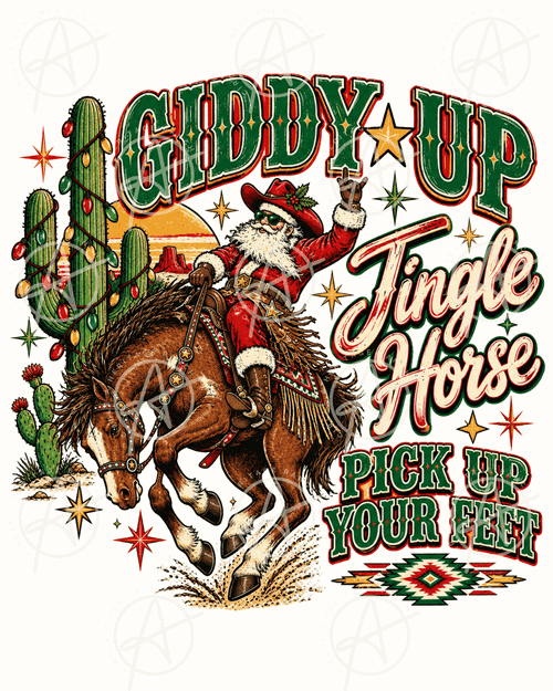 Saddle up for Christmas! Giddy Up Jingle Horse features cowboy Santa, a bucking bronco and vintage Western holiday charm for country Christmas projects.