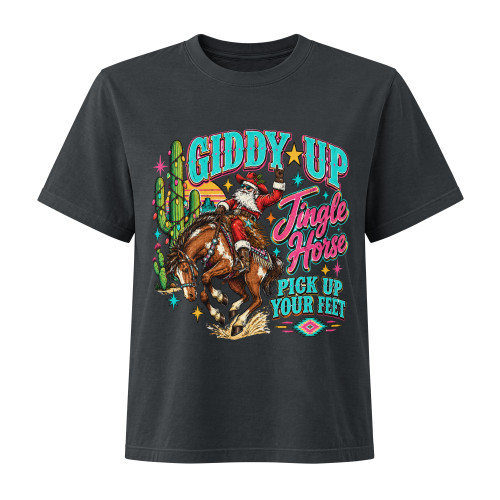 Women's Giddy Up Jingle Horse Pick Up Your Feet with Santa Heavyweight Garment Dye Tee Bella + Canvas 6110GD