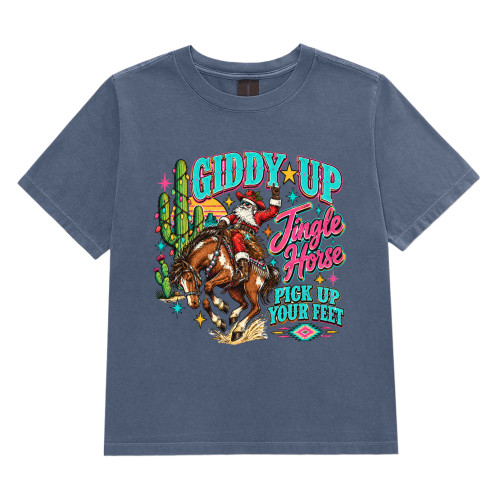 Women's Giddy Up Jingle Horse Pick Up Your Feet with Santa Heavyweight Garment Dye Tee Bella + Canvas 6110GD