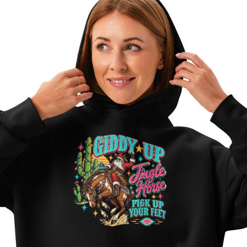 Women's Giddy Up Jingle Horse Pick Up Your Feet with Santa  Women’s relaxed hoodie
