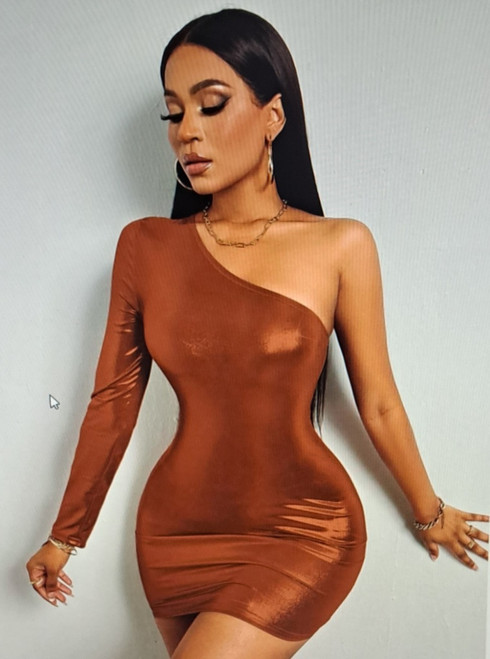 One Shoulder Long Sleeve Dress Rust (L)
