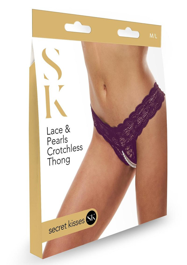 Secret Kisses Lace & Pearls Crotchless Thong M/L Purple