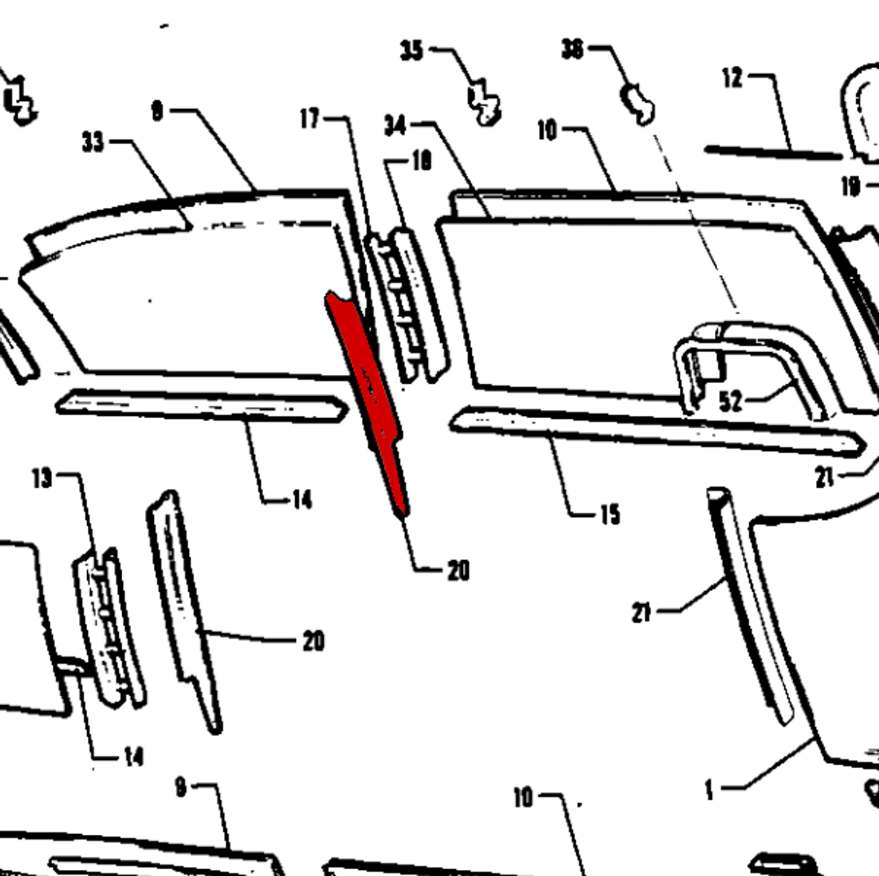 P20758-09, Piper Comanche PA-24 Right, Center Window Moulding, 20758-08, 20758-008, 20758-09, 20758-009