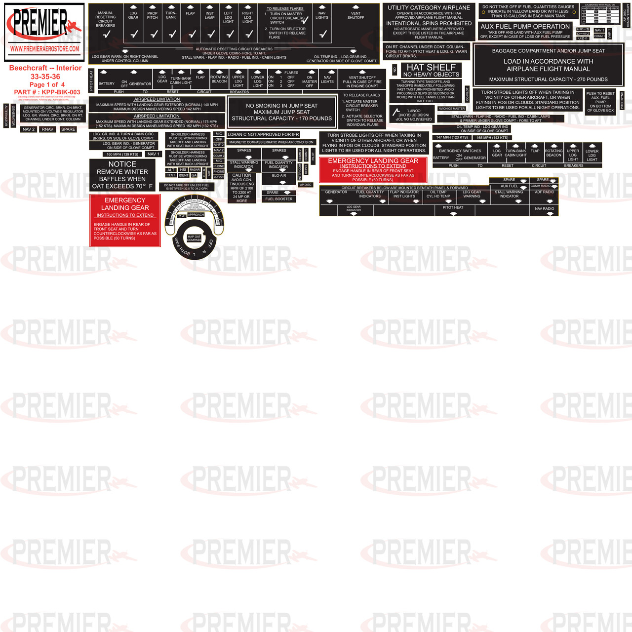 BEECHCRAFT 33, 35, 36 Interior Decal Kit 61003