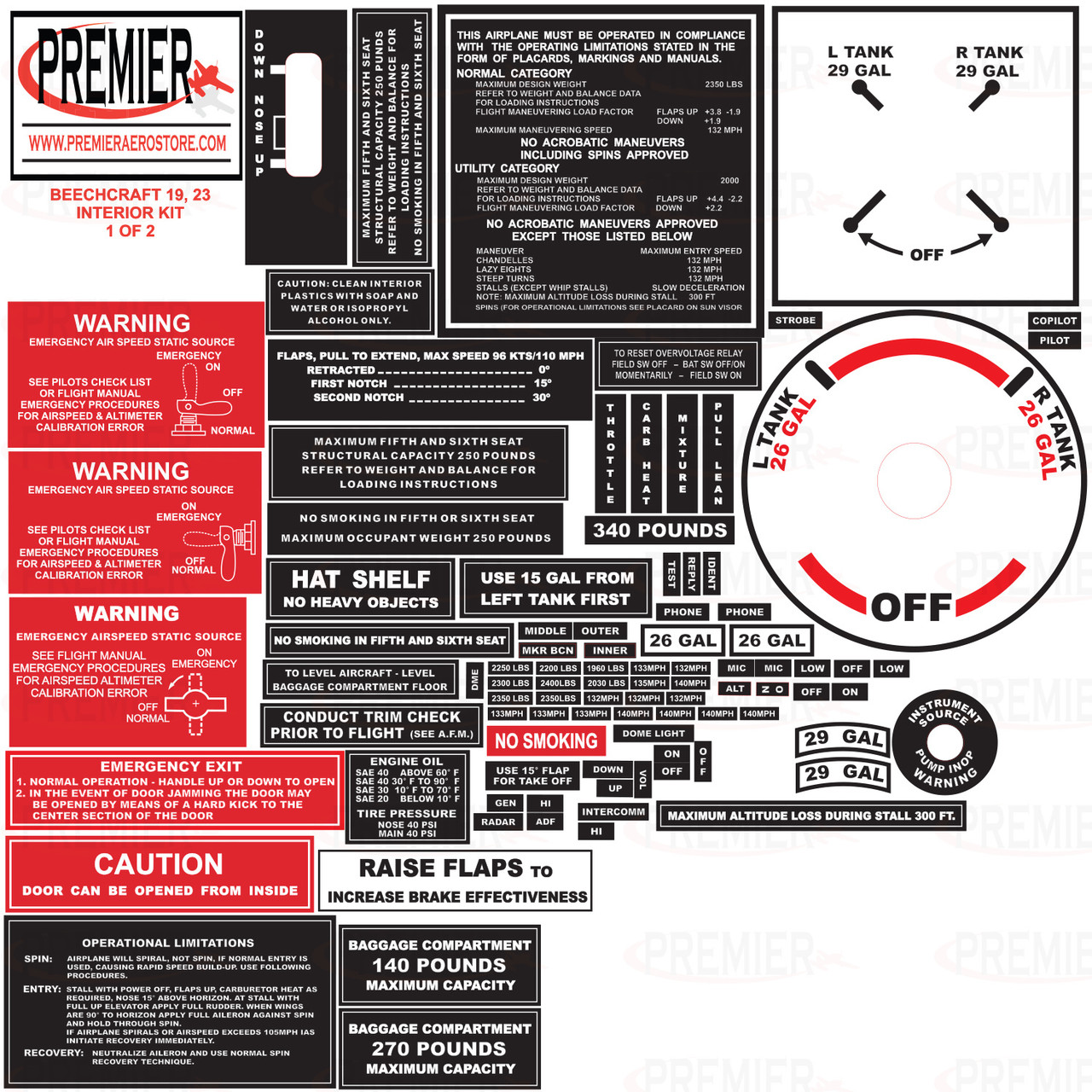 61005 Beechcraft 19, 23 Interior Decal Kit